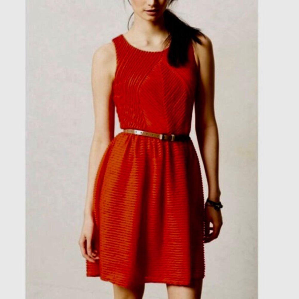 Anthropologie Bordeaux textured red/orange dress.